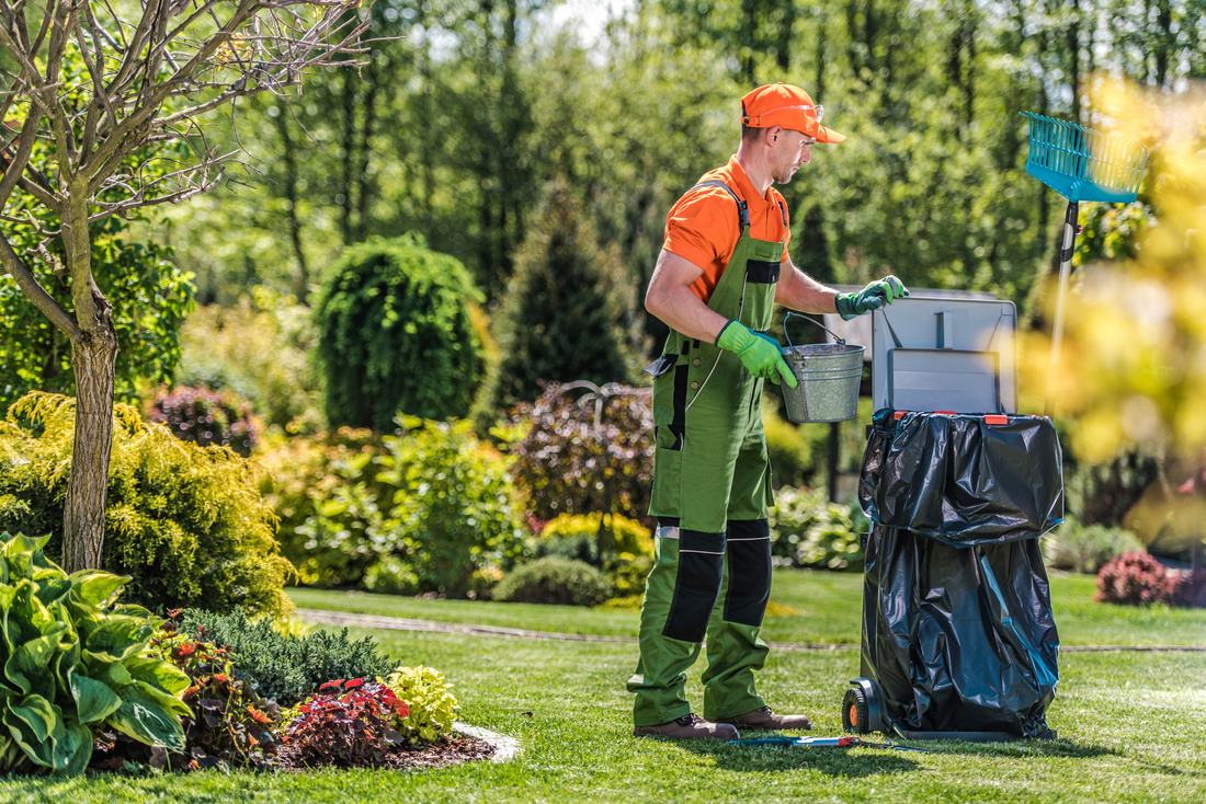 Gardener Cleans Private Yard Area after Routine Maintenance